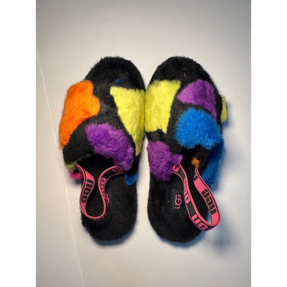UGG 5 Fluff Yeah Slide Patchwork Colorful Furry Sandal Slippers - Women's - Picture 7 of 8